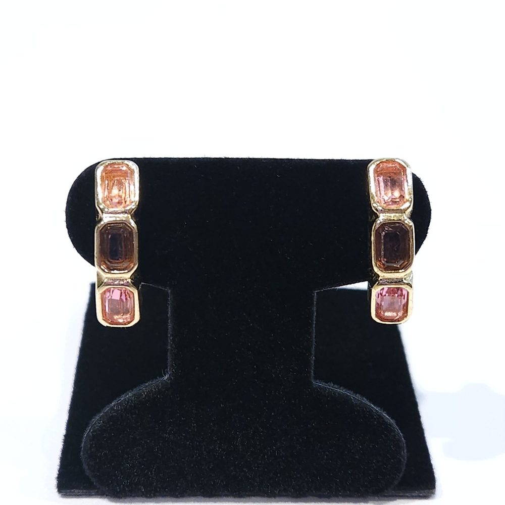 Christian Dior Earrings Vintage Crystal Clip Ons Gold Tone Pink Purple